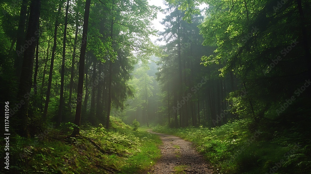 Aufkleber serene woodland path illuminated by sunlight streaming through lush green trees and ferns : generati