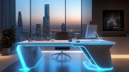 Obraz premium Modern office cabin with monitor, mouse, keyboard large windows for city view