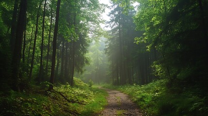 Fototapeta premium Serene Woodland Path Illuminated by Sunlight Streaming Through Lush Green Trees and Ferns : Generative AI