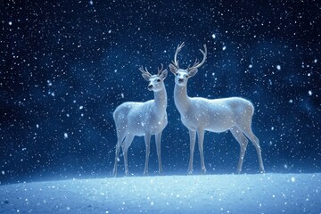 Two white deer standing in a snowy landscape with falling snowflakes.