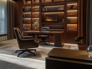 Modern luxury home office with rich wood paneling and LED lights