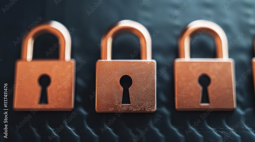 Poster secure locks in row, symbolizing protection and cybersecurity. these copper locks represent safety a