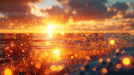 Obraz premium Breathtaking sunset over a tranquil ocean seascape with glimmering waves reflecting the warm golden light of the setting sun and a dramatic vibrant sky