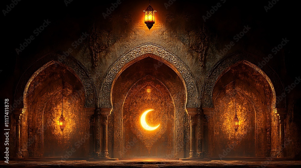 Aufkleber mystical arched gateway with crescent moon and lanterns.