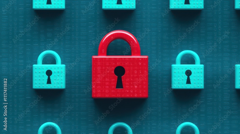 Poster digital representation of secure network featuring prominent red padlock surrounded by turquoise pad