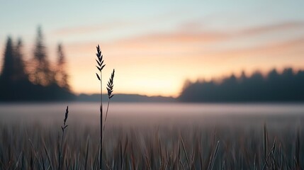 A tranquil sunrise scene with mist floating over a field, pastel-colored sky and large open copy space for morning weather updates