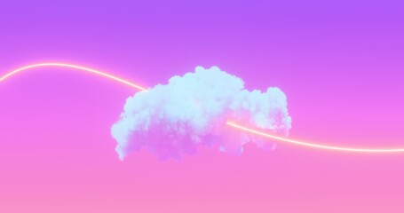 Cloud and string of glowing neon light. Abstract skyscape of dreamy fantastic color. 3D rendering.