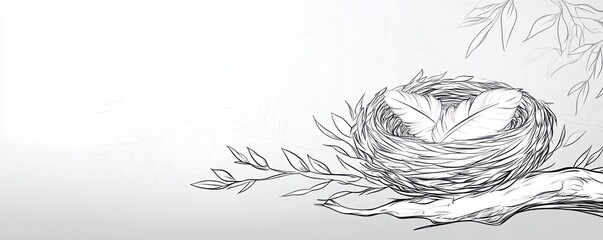 A minimalist illustration of a bird's nest with leaves on a branch, symbolizing nature and care.