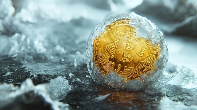 A golden Bitcoin coin frozen inside a block of clear, glossy ice, with cracks and frost forming around the edges, surrounded by a cold