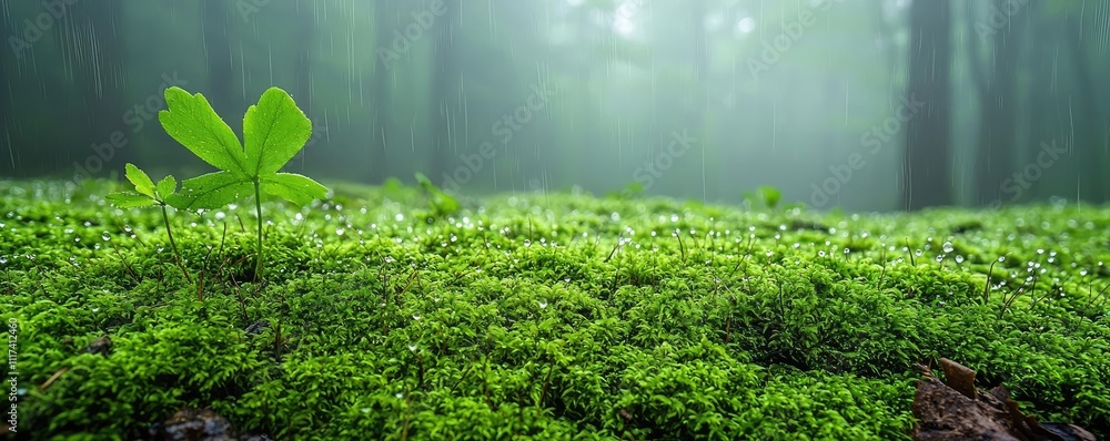 Aufkleber Fresh green moss in a serene forest with soft fog, creating a tranquil atmosphere.