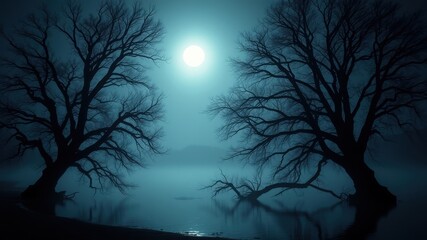 Silhouettes of leafless trees standing tall against a backdrop of a full moon and a misty, ethereal lake.