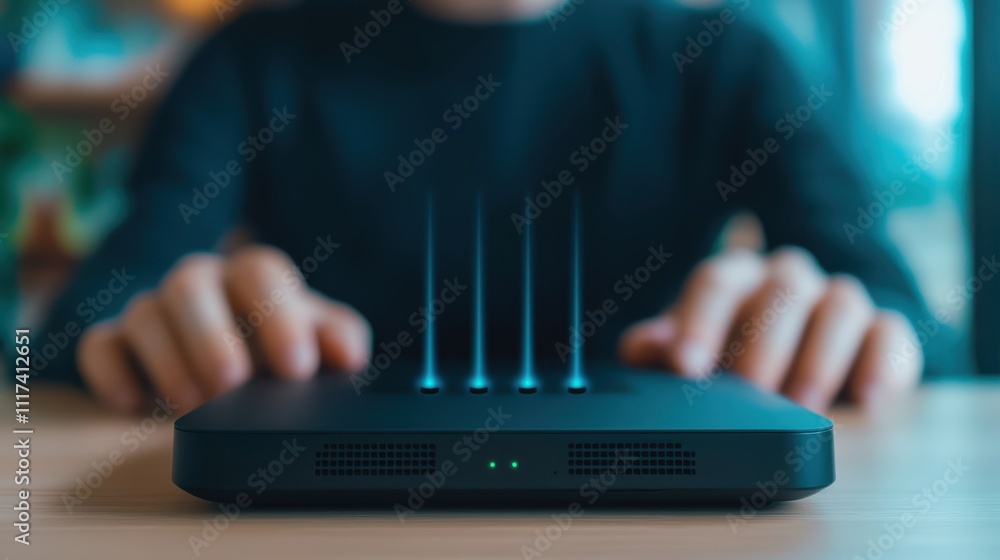 Poster person securing their home network with router, ensuring connectivity and safety. device features mu