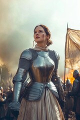 A resolute portrayal of Joan of Arc, adorned in gleaming armor, carrying a weathered banner, standing amidst the chaos of battle with unwavering determination.