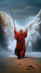 A powerful depiction of Moses parting the Red Sea, with towering waves held back by divine intervention, symbolizing faith, leadership, and miraculous deliverance.