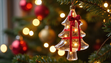 A glass tree tied with a red ribbon hangs on a decorated Christmas tree