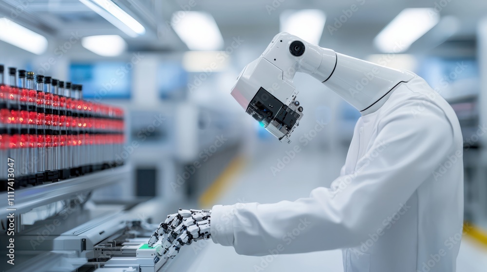 Poster robotic arm performing delicate assembly tasks in laboratory setting, showcasing precision and advan