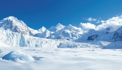 Fototapeta premium A stunning snowy landscape featuring majestic mountains and a glacier under a clear blue sky.