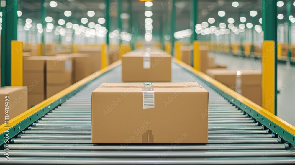 Poster automated conveyor system transporting packages in logistics facility, showcasing efficiency and mod