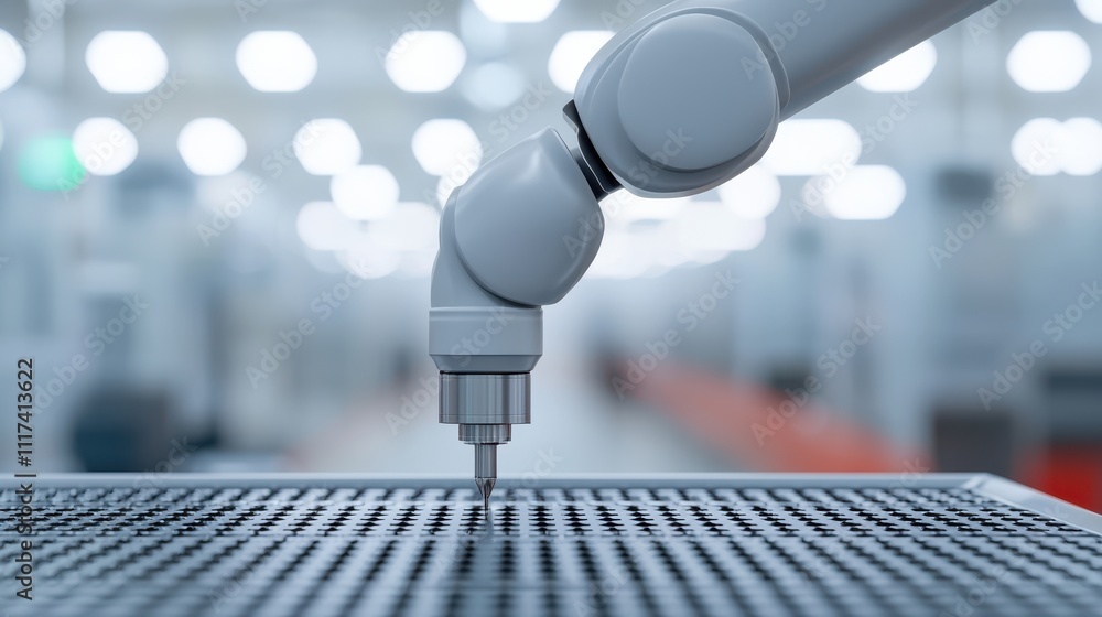 Poster automated robotic arm performing quality inspection on grid surface, showcasing precision and techno
