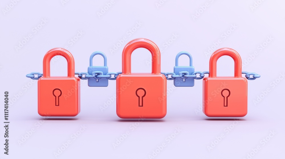 Poster secure network representation with red locks and blue chain, symbolizing protection and safety in di