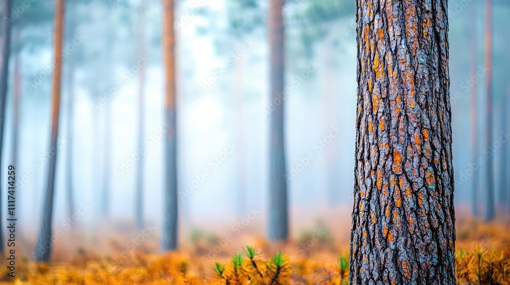 Poster Tree trunk in a serene forest with misty background and autumn foliage
