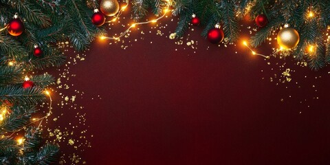 A beautifully adorned Christmas tree featuring red and gold decorations, twinkling lights, set against a vibrant red background, creating a festive atmosphere.