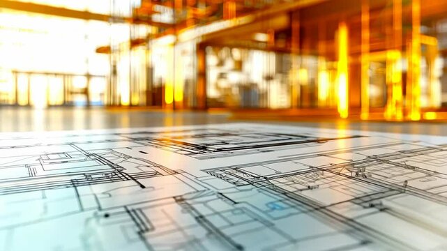 Architectural blueprint on a floor with a modern construction in the background.