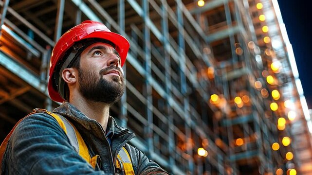 Construction worker in safety gear looks up thoughtfully on a busy site during evening hours