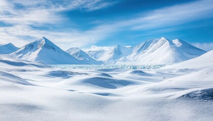 A serene winter landscape featuring snow-covered mountains and a glacial expanse under a blue sky.