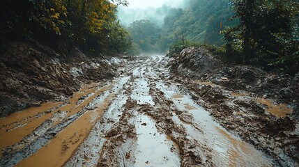 Mudslides After Heavy Rainfall Blocking Rural Road Surrounded by Tropical Jungle