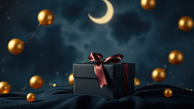 A Festive Gift Box Under a Crescent Moon with Golden Ornaments and a Dark Blue Background