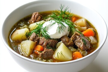 A steaming bowl of traditional Russian shchi soup, featuring a rich mix of cabbage, potatoes, carrots, and tender pieces of beef.