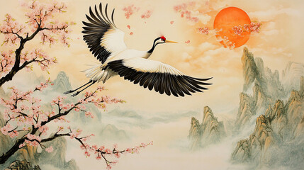 Japanese Crane Spring Landscape Painting Wallpaper 