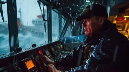 Obraz premium Even in the midst of a storm the chief engineer remains calm and collected as he directs his team in handling any mechanical or electrical issues that may arise.