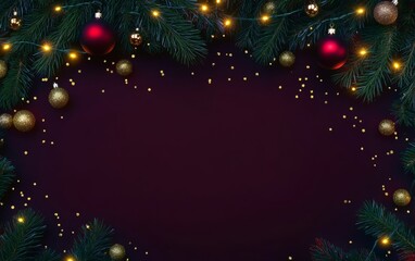 Festive Christmas background featuring fir branches adorned with colorful balls set against a dark backdrop, evoking holiday cheer and warmth.