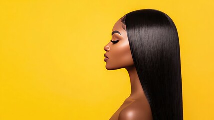 Beautiful African woman with sleek long hair extensions displaying elegant style against vibrant mustard backdrop. Professional beauty portrait showcasing smooth, flowing hairstyle and confident expre