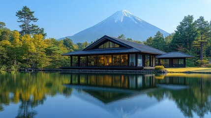 Fototapeta premium Traditional Japanese House by Mountain Lake 