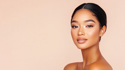 Elegant African woman with flawless complexion and natural makeup displaying confident smile and graceful pose.