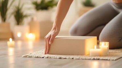 A person using a yoga block to enhance a stretching pose at home, with calming music and candles nearby 