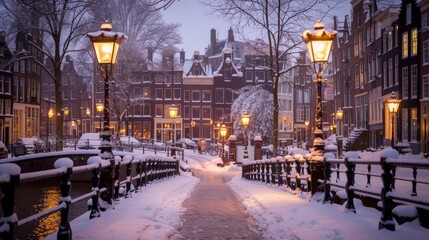 Enchanting winter scene  amsterdam street blanketed in snow with majestic trees and cozy atmosphere