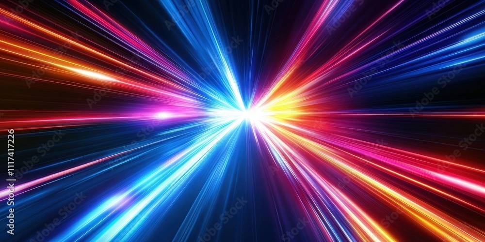 Poster colorful light tunnel background. neon futuristic flashes on black background. colorful light exposu