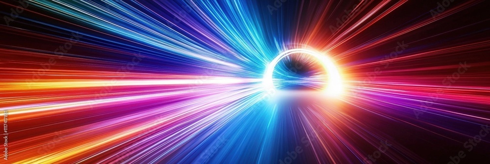 Poster colorful light tunnel background. neon futuristic flashes on black background. colorful light exposu