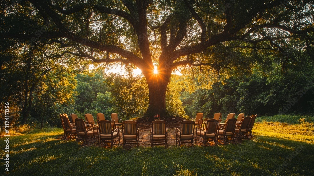 Poster rocking chairs are set in a circular arrangement under a sprawling tree as the sun sets, casting a w
