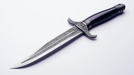 Elegant silver dagger with intricate detailing on the hilt and blade, showcased on a pristine white background.