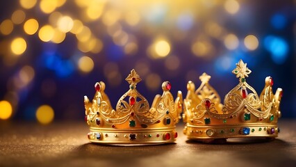 tres coronas doradas de los reyes magos de oriente sobre fondo bokeh dorado