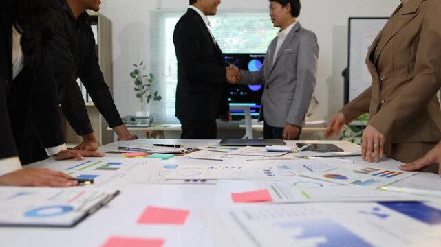 Business team congratulating ceo after successful deal, Celebrating a significant achievement in office. Coworker express excitement and joy while congratulating their colleague.