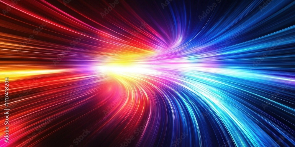 Poster colorful light tunnel background. neon futuristic flashes on black background. colorful light exposu