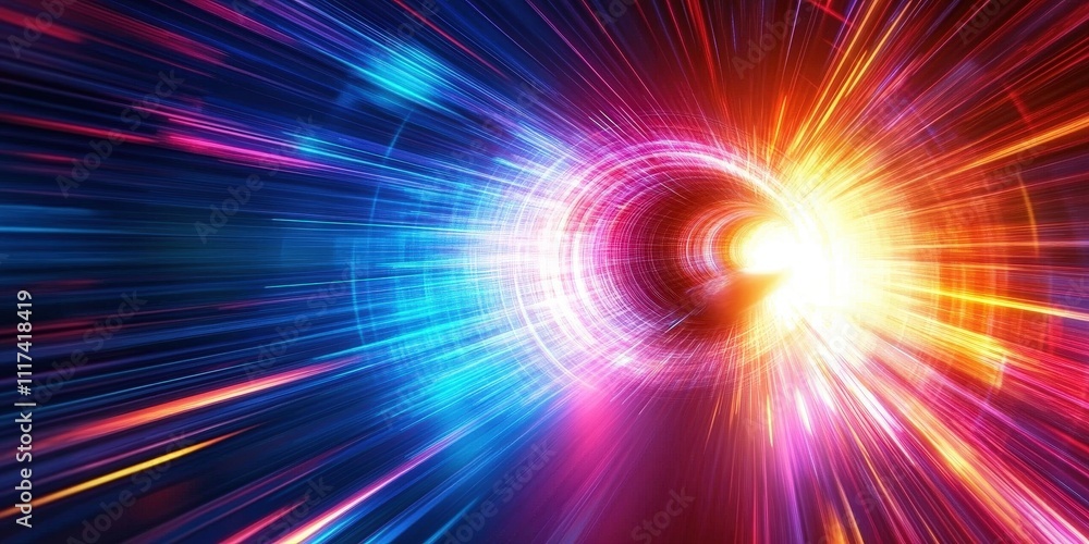 Poster colorful light tunnel background. neon futuristic flashes on black background. colorful light exposu