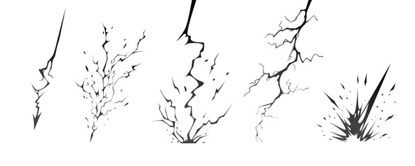 Lightning strike bolt silhouettes sequence vector illustration. Black thunderbolts and zippers are natural phenomena isolated on a dark background. Thunderstorm electric effect of light shining flash.