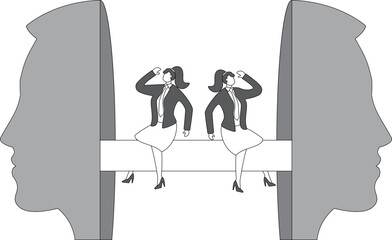 Low self-esteem, sadness, mental health, mental illness, anxiety or loneliness, psychology, social phobia, negativity, disappointment upset businessman sitting listlessly between two masks